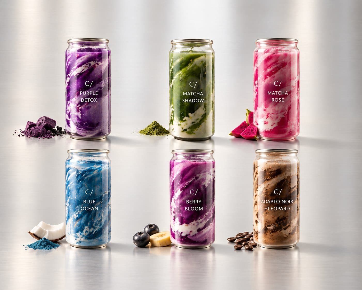 La carte des boissons : Purple Detox, Matcha Shadow, Matcha Rosé, Blue Ocean, Berry Bloom, Adapto Noir Léopard