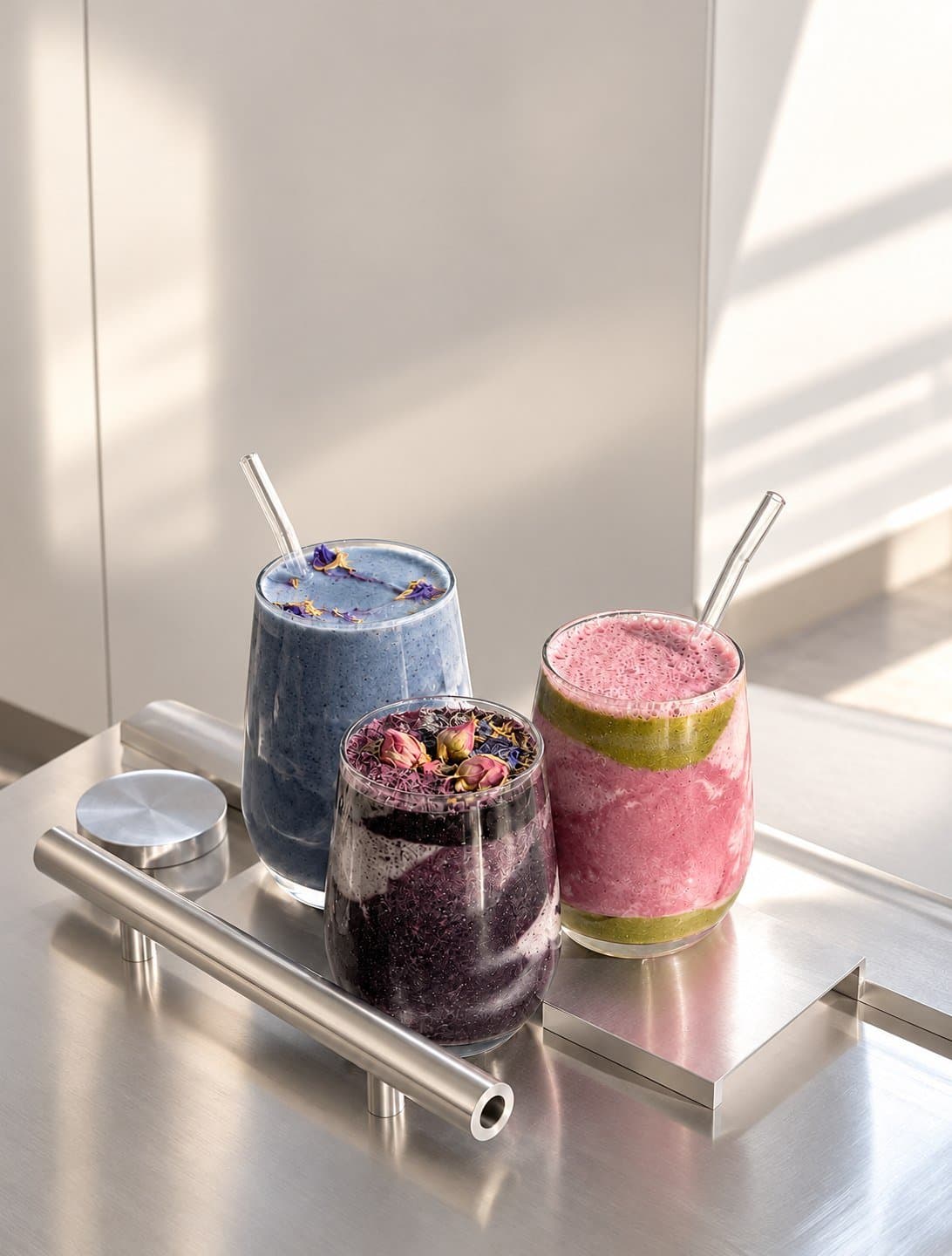 Trois boissons augmentées du Collagen Bar sur un comptoir en acier